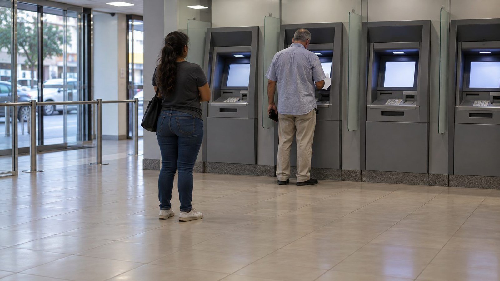 Pessoas de costas nos caixas eletrônicos de uma agência bancária no centro de Anápolis