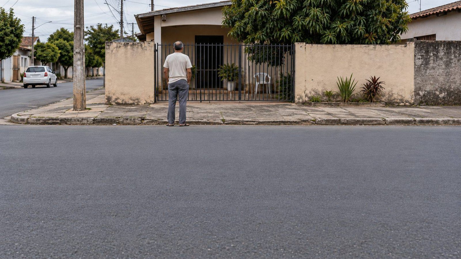 Homem de costas diante do portão de uma casa térrea em bairro residencial de Anápolis