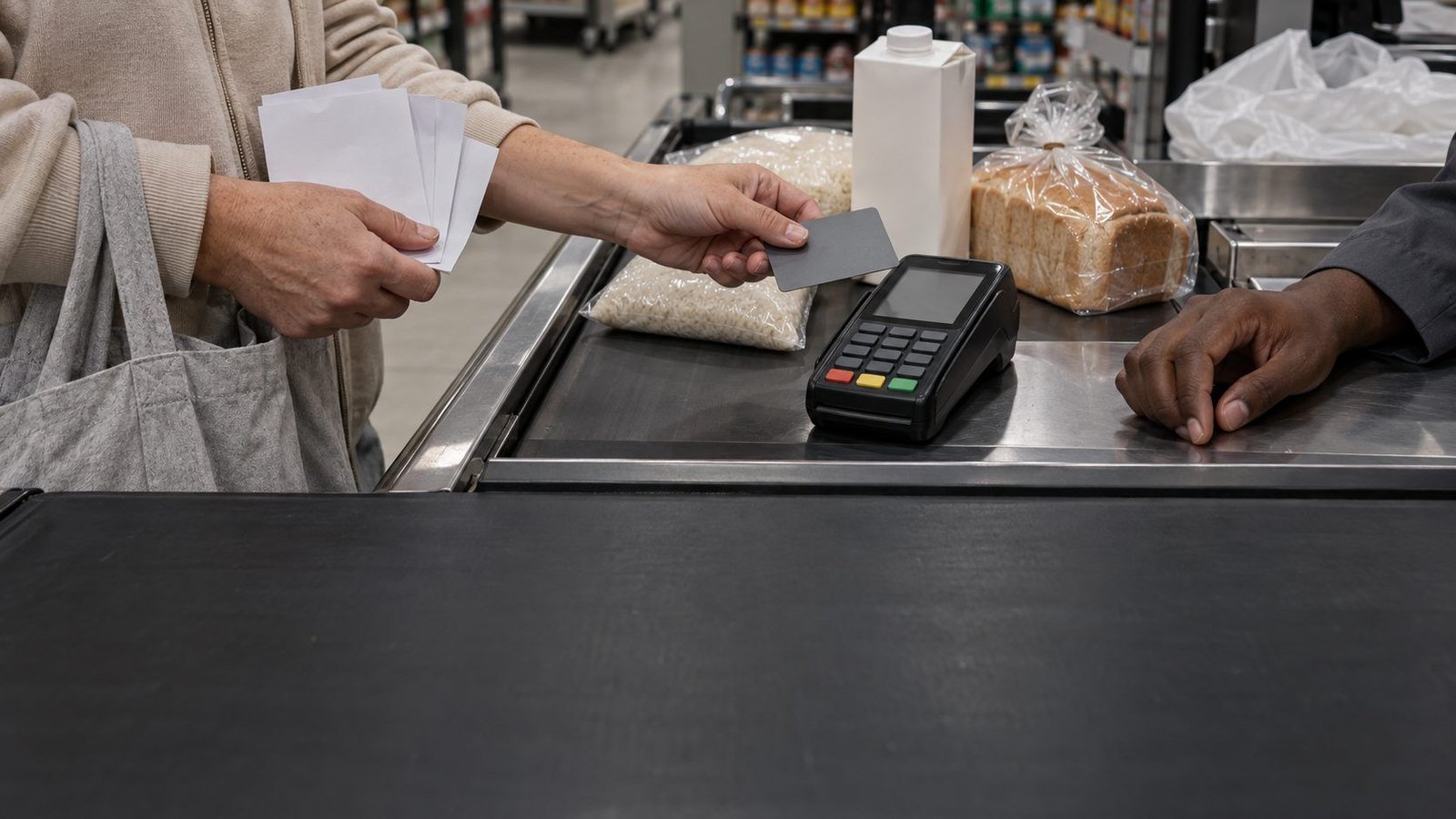 Consumidora segurando contas e o cartão no caixa do supermercado
