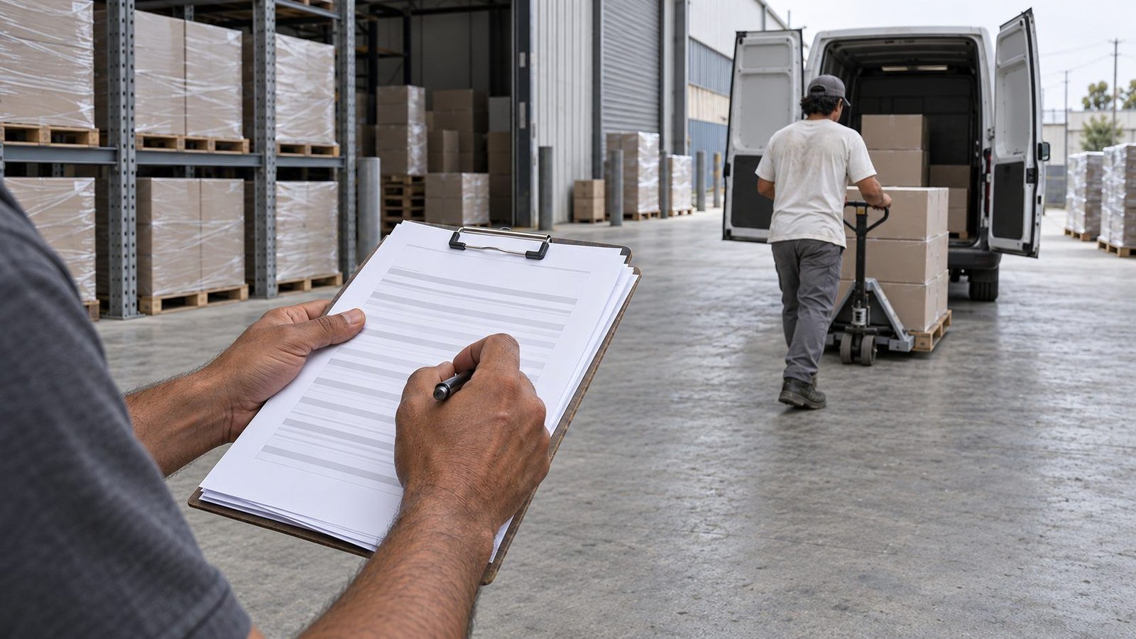 Conferência de mercadorias numa prancheta durante o carregamento de uma van no galpão de uma empresa