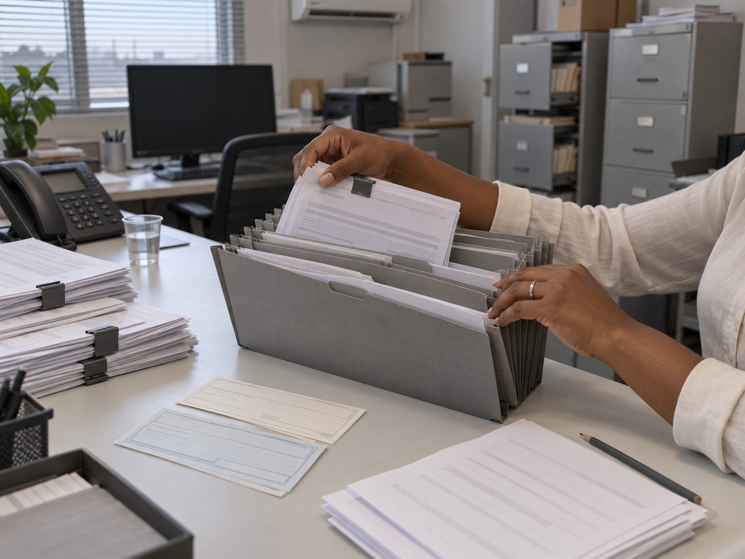 Funcionária do financeiro organizando duplicatas e cheques em aberto numa pasta sanfonada