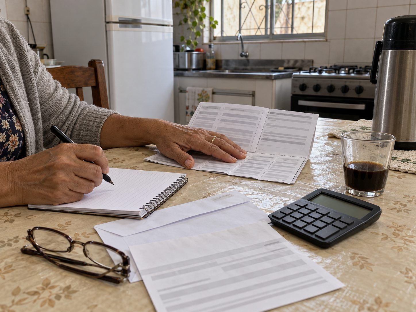 Mãos de uma mulher anotando contas num caderno, ao lado de carnês, calculadora e café na mesa da cozinha