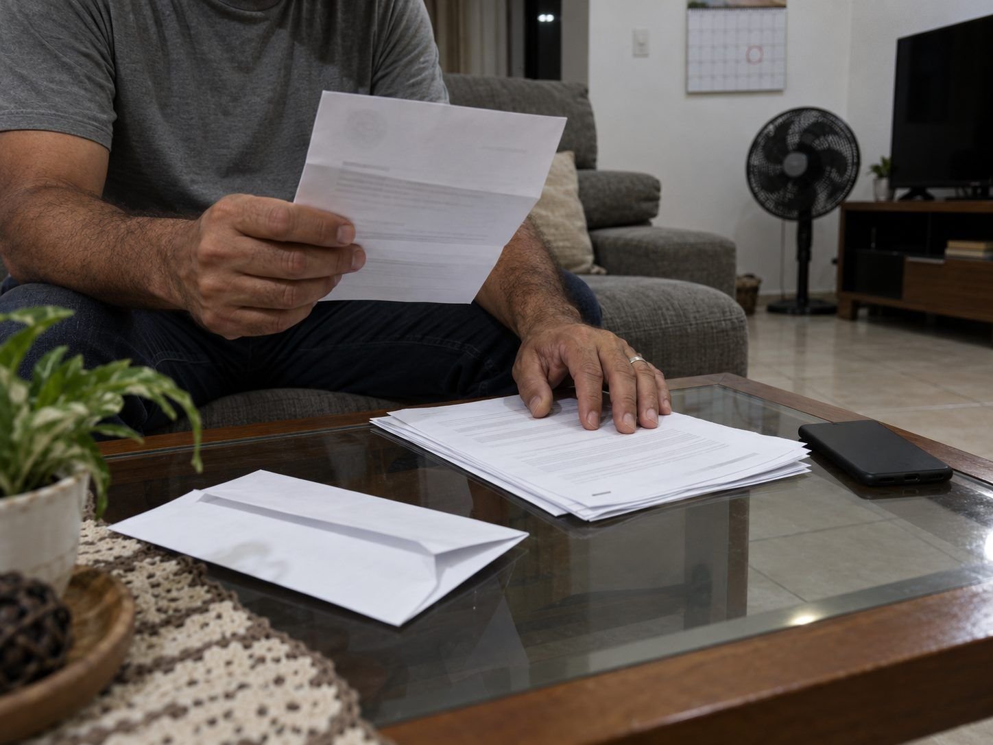 Homem lendo uma carta de citação no sofá de casa, com documentos e envelope na mesa de centro