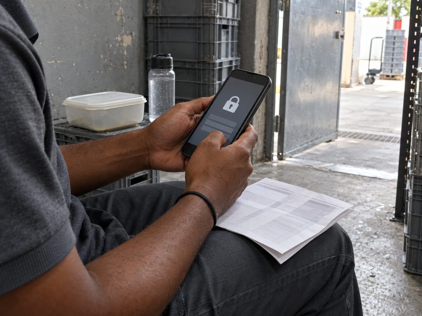 Trabalhador vendo no celular o aviso de conta bloqueada, com o holerite apoiado na perna