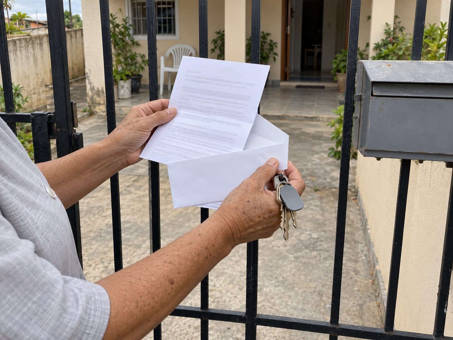 Moradora abrindo no portão de casa um envelope de intimação, com as chaves na mão